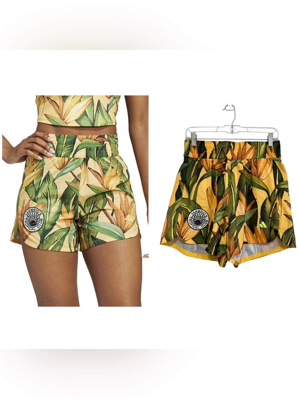 Adidas x FARM Rio Tropical Leaf Print Shorts in Vibrant Yellow and Green Medium